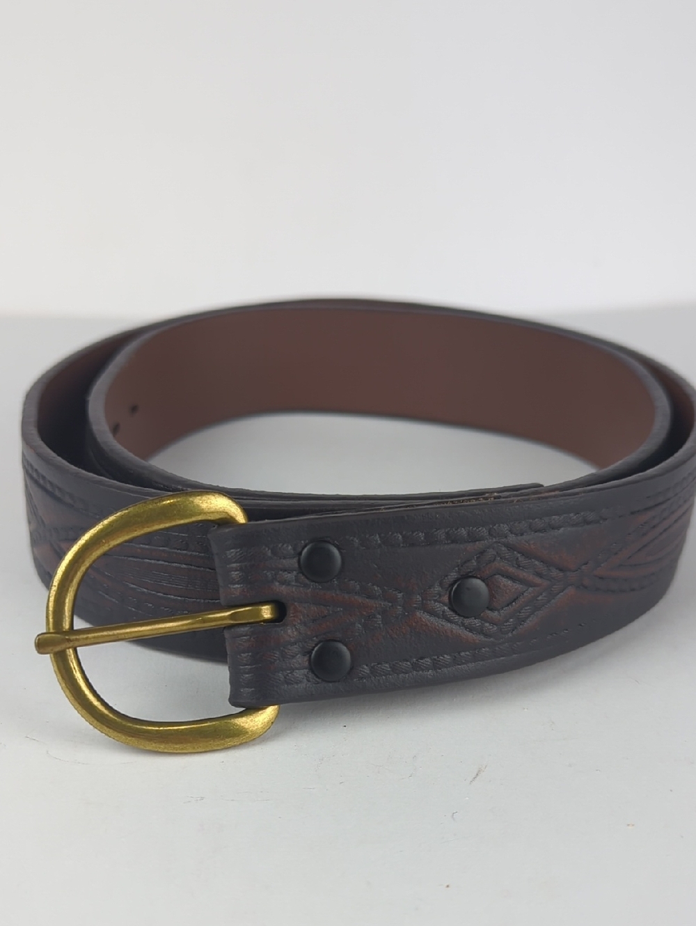 Classic Brown Embossed Leather Festival Belt with Brass Buckle